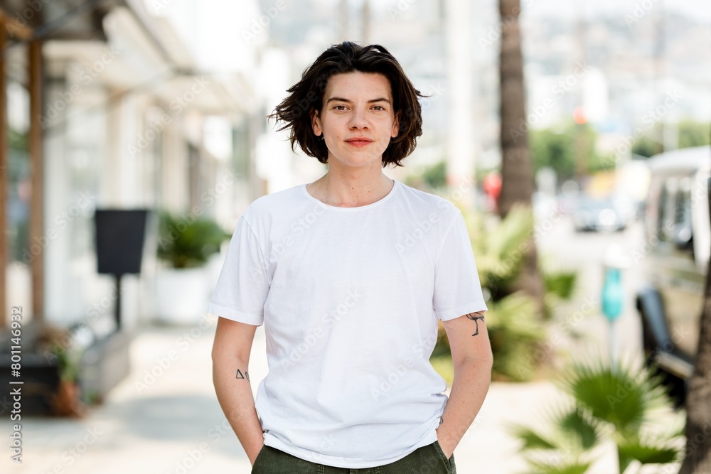 Person in white tee, basic wear apparel fashion Person in white tee, basic wear apparel fashion