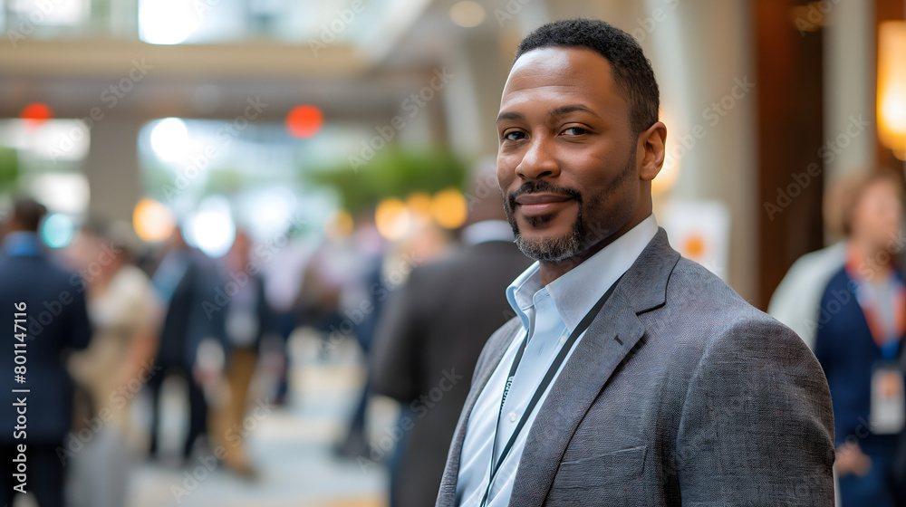 A smiling African American businessin a suit walks past a cafe with people socializing outdoors A smiling African American businessin a suit walks past a cafe with people socializing outdoors