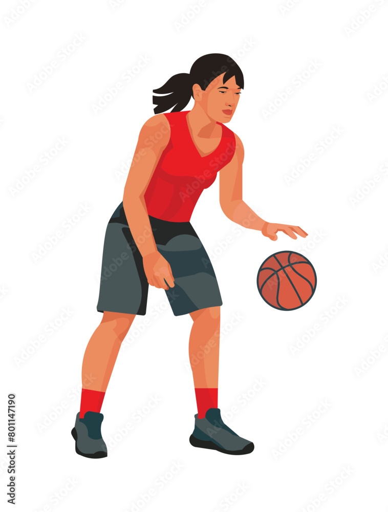 Thai women's basketball girl player in a red jersey hits the ball dribbling standing in a half turn