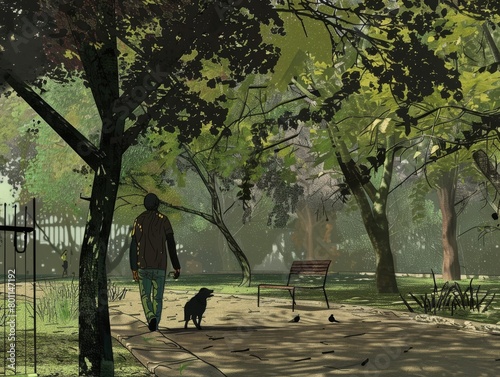 A man holds leash while taking a walk with his dogs in autumn forest or park in the neighborhood. Conception of happy pets and owner lifestyle illustration.