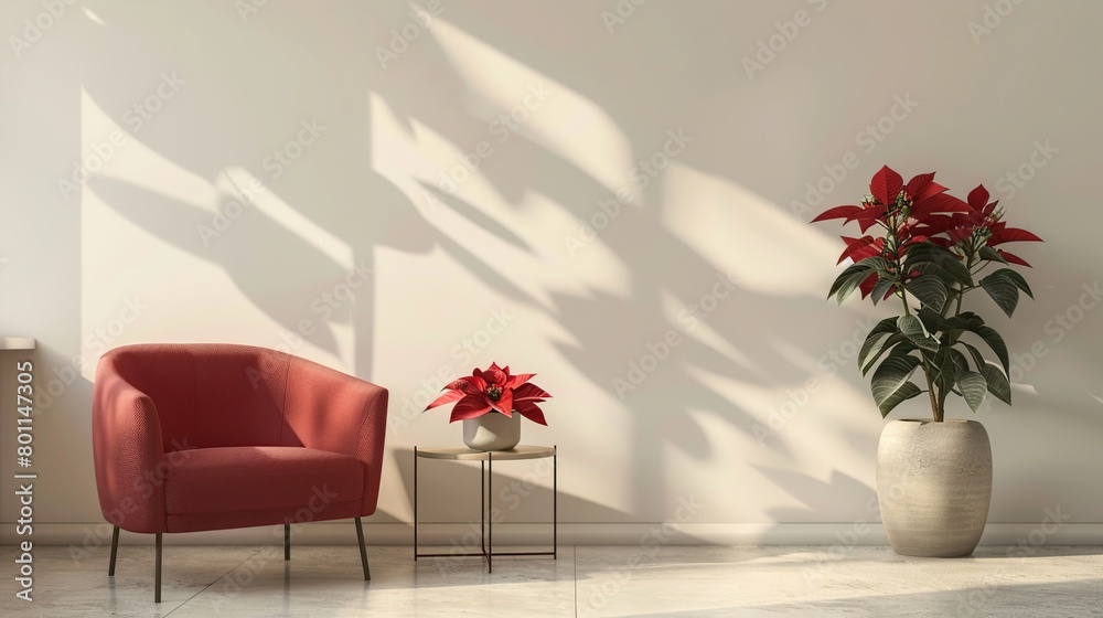 Red chairs on white wall background with copy space and green plants beside