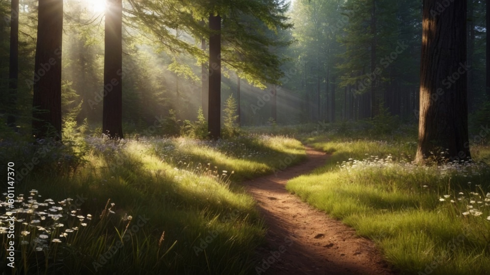 Fototapeta premium Sunlit Tranquility: A Realistic Forest SceneLush Greenery and Golden Sunlight