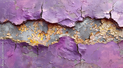  A tight shot of peeling paint on a purplish-gray wooden surface, with the most pronounced flakes at its uppermost part