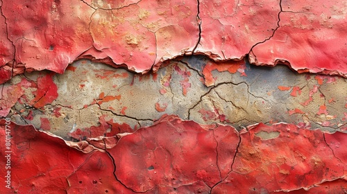   A tight shot of a wall crack, featuring peeling paint on its edges and distinct red hues