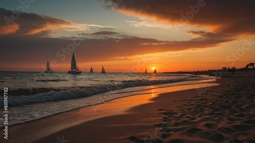 Serene Sunset Beach SceneCalm Waves & Distant Sailboat in Peaceful Ocean photo