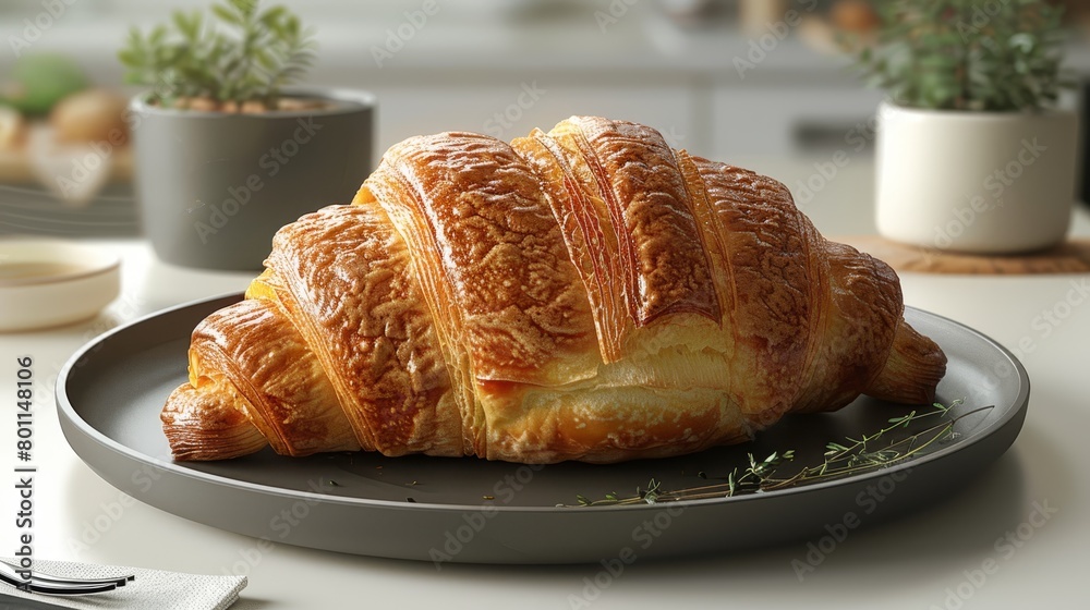 A croissant, up-close on a plate, atop a table In the backdrop, a potted plant A croissant, up-close on a plate, atop a table In the backdrop, a potted plant