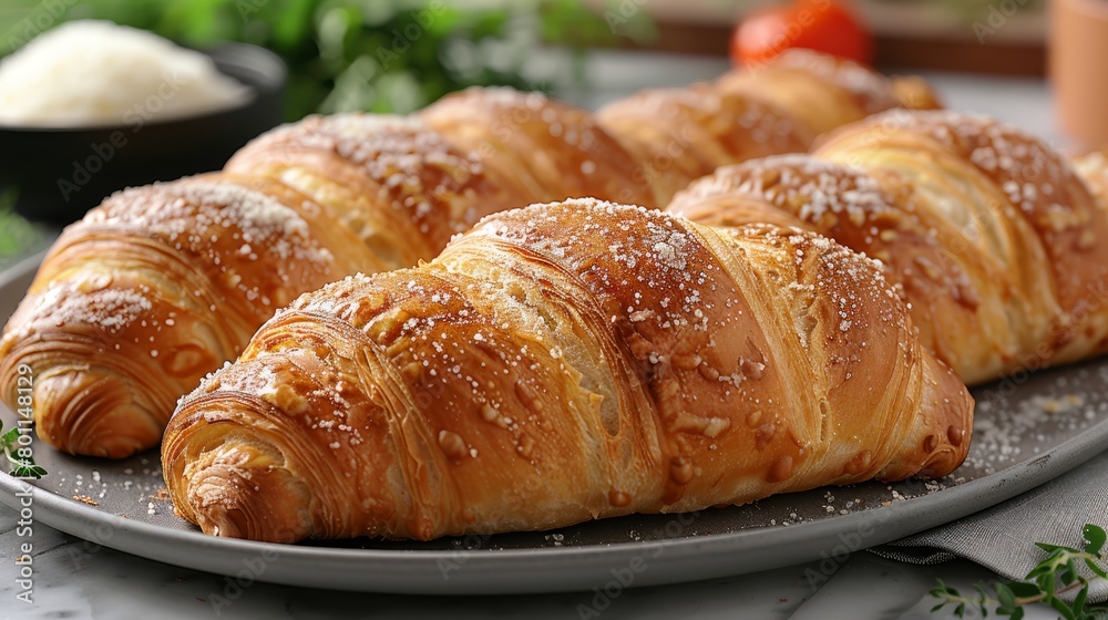  croissants arranged closely on a plate, a backdrop of vegetables in a nearby bowl