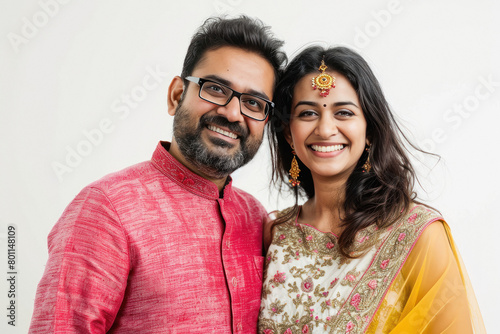 Young indian couple giving happy expression on white background.