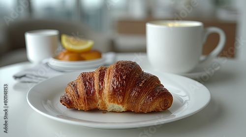  A croissant rests on a pristine white plate, accompanied by a steaming mug of coffee and an adjacent plate laden with oranges