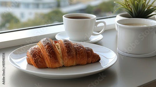   A croissant rests on a plate  adjacent to a steaming cup of coffee  and a plant by the windowsill