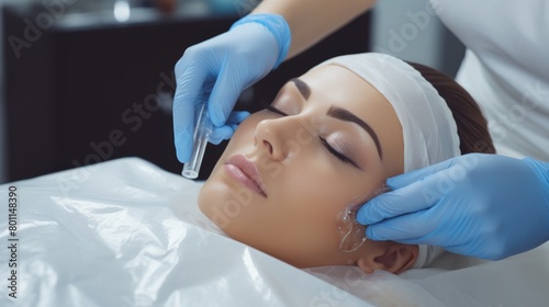 Young woman undergoing procedure of eyelashes lamination Beauty salon.