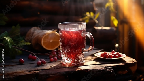 Berry drink in a glass mug on a rustic background