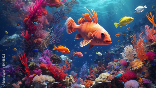 coral reef with many different types of fish swimming around © Top