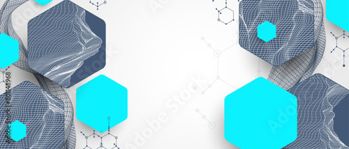Scientific and technological background. Wireframe wave with hexagons of different types on a gray gradient.