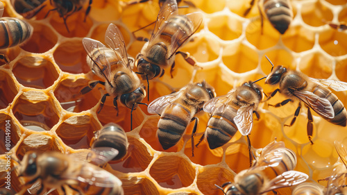 Macro photo Honeybees Busy at Work in Golden Hive Environment Reflecting Teamwork.