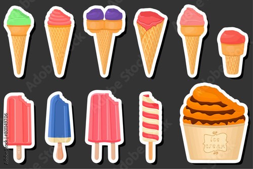 Illustration on theme big kit ice cream popsicle different types in cone waffle cup