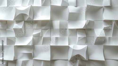   A tight shot of a white mosaic wall, comprised of various square and rectangular shapes, all differing in size photo
