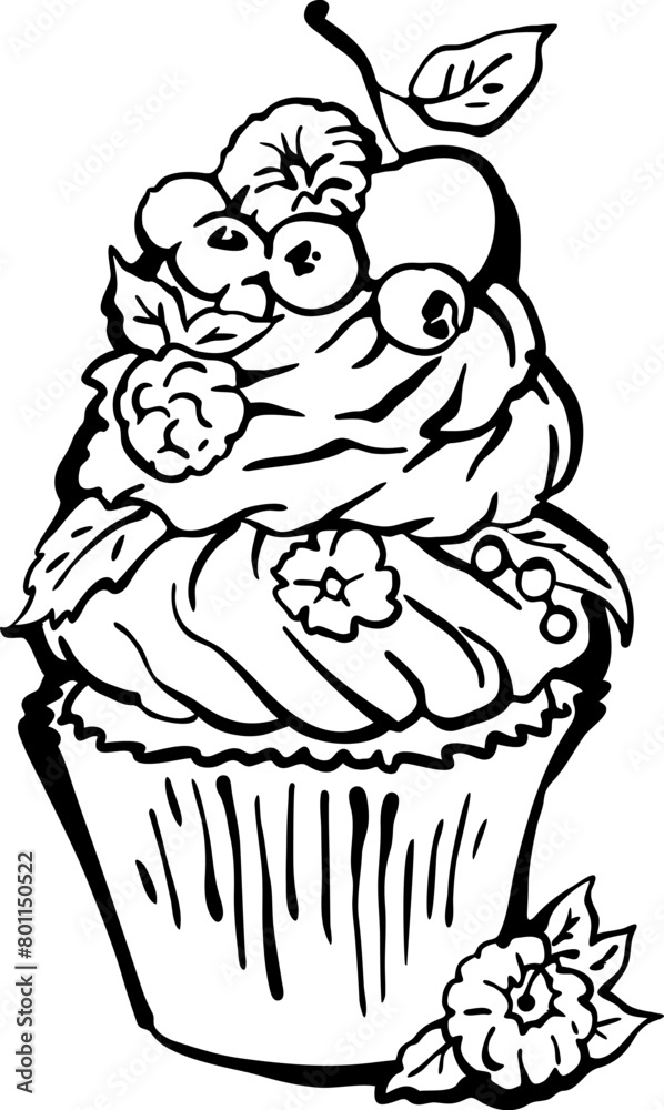 Sweet tasty dessert cupcake with cream and deco for morning breakfast in café or restaurant. Mini birthday cake for pleasure. Hand drawn retro vintage colorful vector illustration. Old style drawing. Sweet tasty dessert cupcake with cream and deco for morning breakfast in café or restaurant. Mini birthday cake for pleasure. Hand drawn retro vintage colorful vector illustration. Old style drawing.