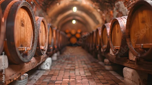 Cellar ambiance: Wine barrels aligned, aging gracefully in the soft glow, a promise of fine wine photo