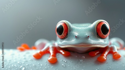   A tight shot of a red-eyed frog against a gray backdrop  adorned with droplets of water on its back