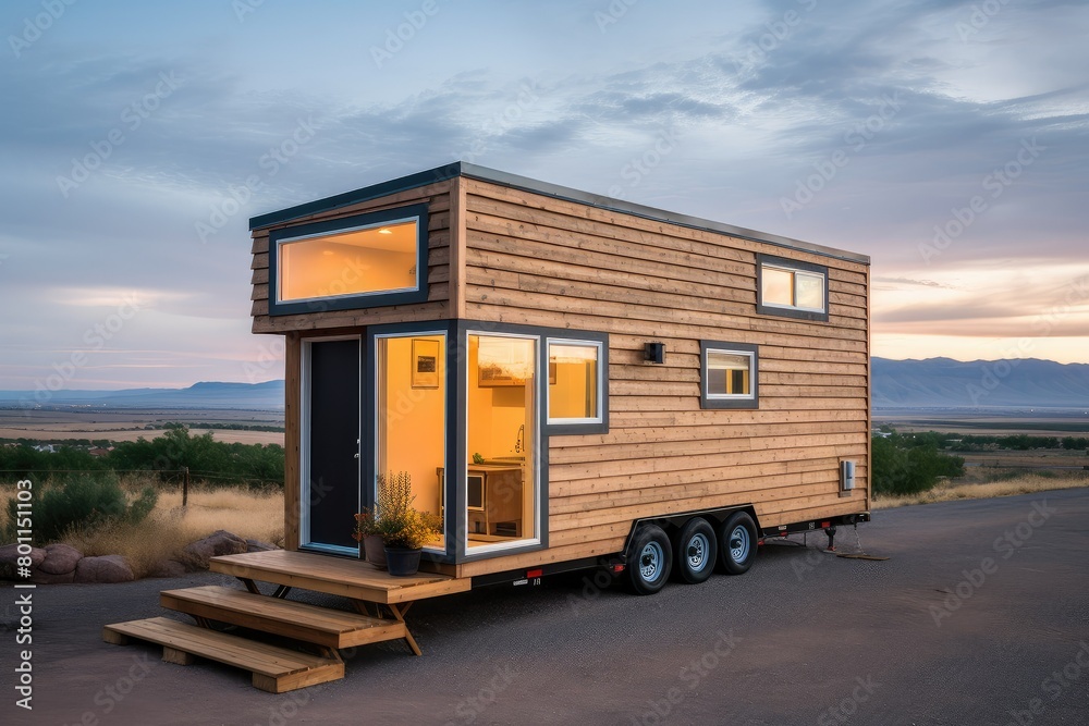A small, compact tiny house is parked on the side of a road, blending into the urban environment. Generative AI