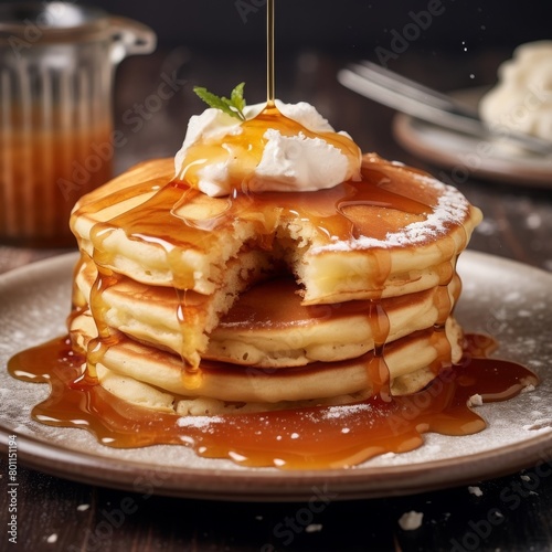 pancakes with cream and pouring of honey