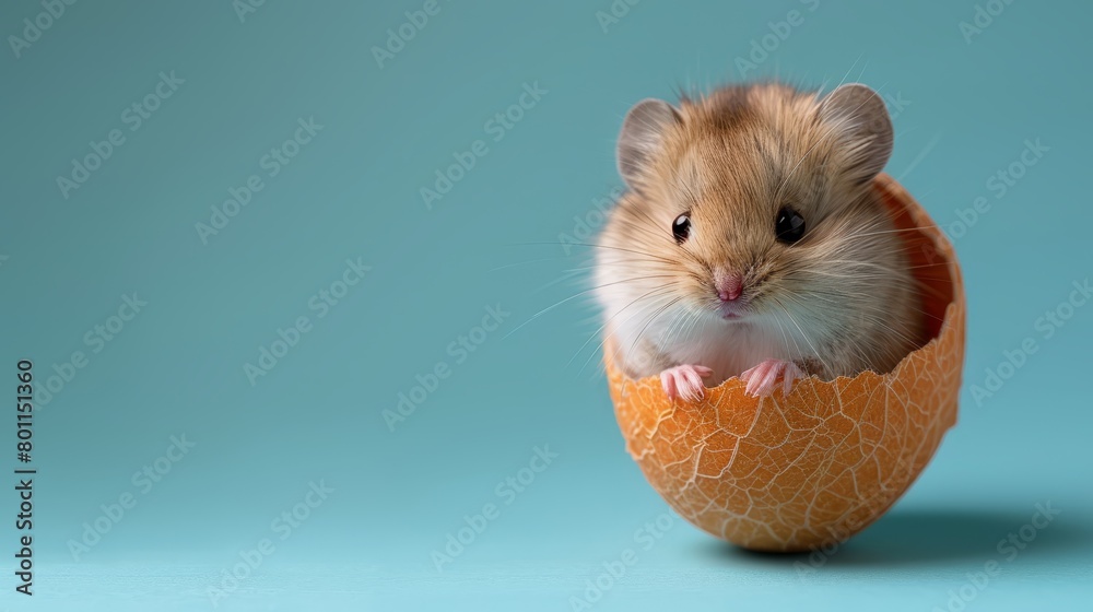   A hamster in an eggshell on a blue background