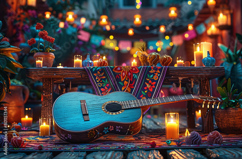 A vibrant scene with a blue guitar on a table adorned with colorful textiles  surrounded by candles and traditional sweets  evoking a festive Mexican ambiance.