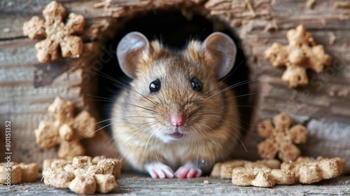   A rodent's close-up by a hollowed wooden structure's hole, food nearby on floor and before it