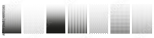 Black And White Halftone Designs With Progressive Dot Gradients And Shapes. Isolated Vector Illustration