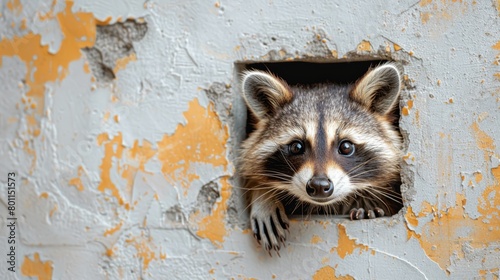  A raccoon emerges from a hole in the wall, its head peeking out past flaking paint