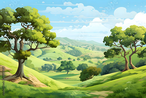 Afternoon Oasis, Lush Greenery under Afternoon Sun with Oak Trees. Realistic hills landscape. Vector background