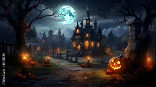Spooky Halloween Mansion under Moonlight