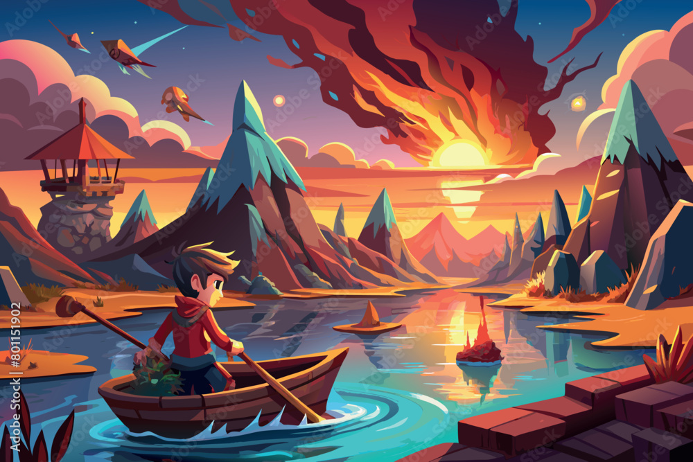  a boy travels on a wooden boat through a beautiful world with an unusual color water surface, an ever-setting sun, a large active volcano and rocky mountains the color of the desert