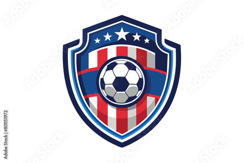 the logo of the youth soccer club at school, featuring a ball, stars, red and white stripes, and a crest