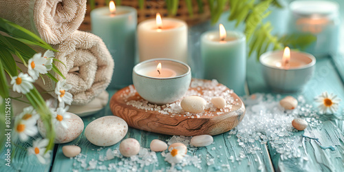 Serenity Spa Setting. A tranquil spa setup featuring candles  towels  and orchids  creating a perfect atmosphere for relaxation and rejuvenation.