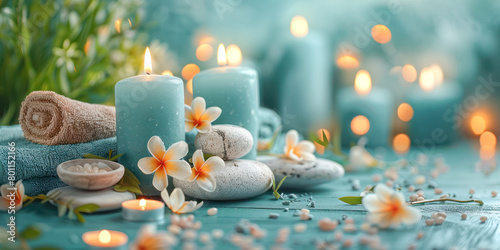 Serenity Spa Setting. A tranquil spa setup featuring candles  towels  and orchids  creating a perfect atmosphere for relaxation and rejuvenation.