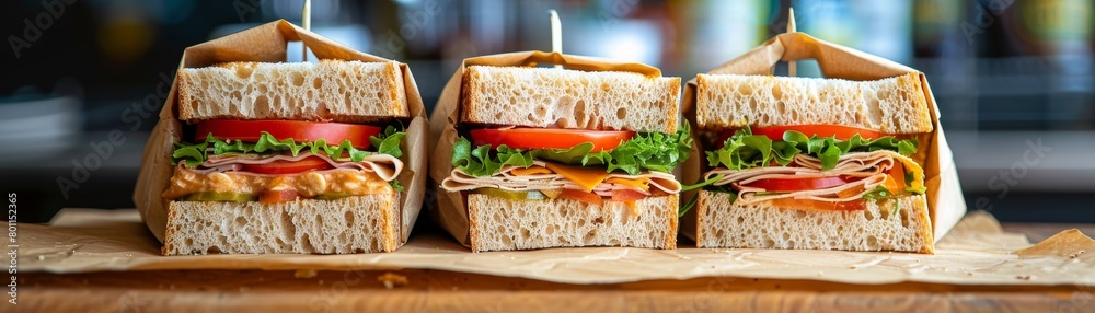 Three sandwiches are displayed on a wooden table, each with different fillings Three sandwiches are displayed on a wooden table, each with different fillings