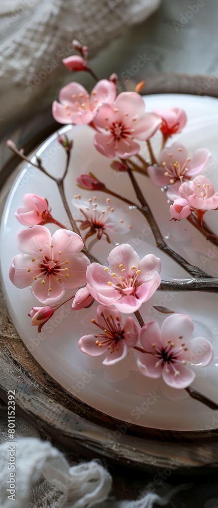 A close up of a white plate with a pink flower arrangement on it