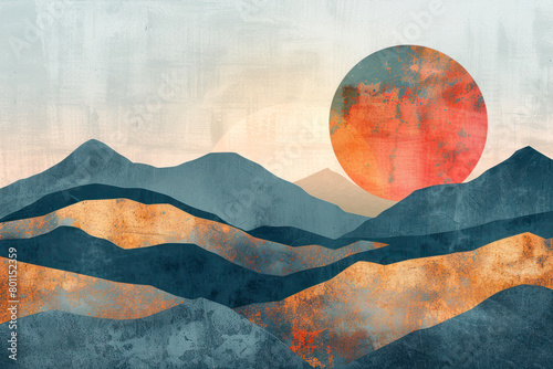 Minimalist landscape. Abstract contemporary collage. Landscape with mountains, panoramic view.