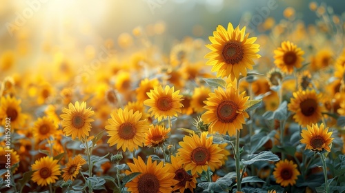  A sun-kissed field filled with yellow sunflowers Sun rays penetrate sunflower leaves, illuminating foreground blooms