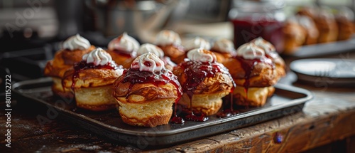 A tray of pastries with a sauce on top photo