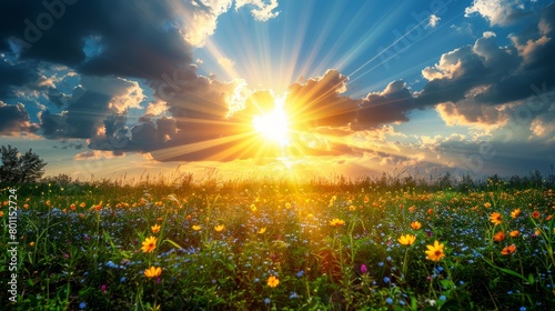   The sun shines through clouds, illuminating a field of wildflowers in the foreground © Shanti
