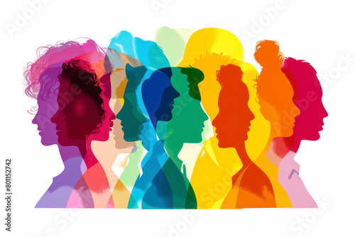 Group of silhouette heads in different colorful colors as a team.