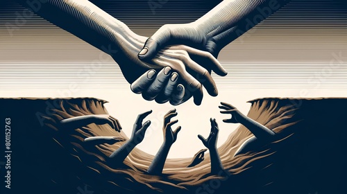 artistic illustration, hands reaching, help,solidarity, support, hope, powerful imagery, symbolic art, helping hands,