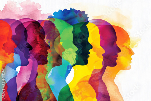 Group of silhouette heads in different colorful colors as a team.
