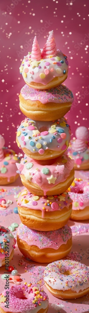 A stack of donuts with pink frosting and sprinkles A stack of donuts with pink frosting and sprinkles
