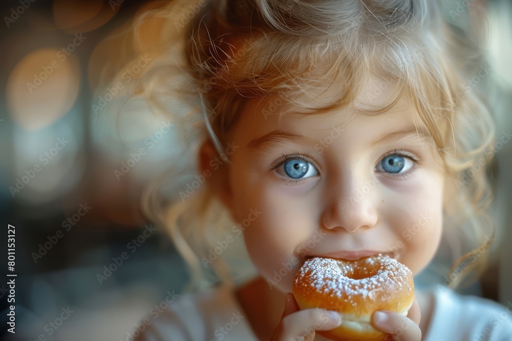 Naklejka premium National Donut Day. Kid with Donut. Child with Donut. Donut close up. Donut portrait. Glazed doughnuts banner collection for cafe decoration or advertising