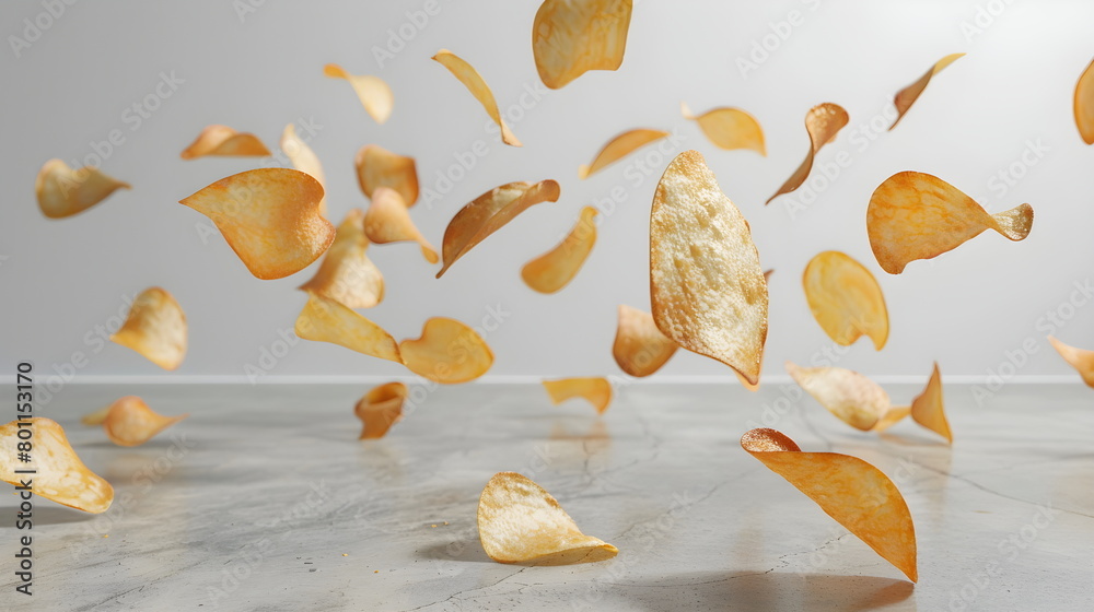 Fried and crispy potato chips flying and bouncing in the air, close-up, on a plain white background Fried and crispy potato chips flying and bouncing in the air, close-up, on a plain white background