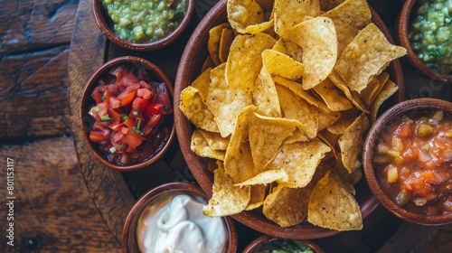 Nachos with salsa, guacamole and cheese dips photo